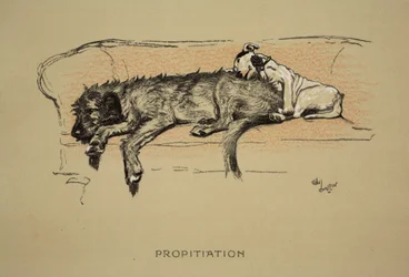 Propitation, 1930, 1. udgave af "Sleeping Partners", Aldin, Cecil Charles Windsor (1870-1935), udgivet af Eyre and Spottiswoode Limited, kridt og kul på papir